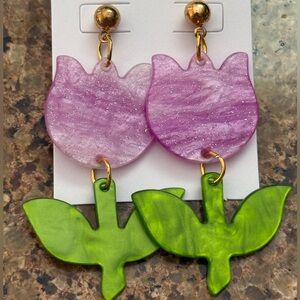 Elegant Purple and Green Tulip Floral Earrings NEW